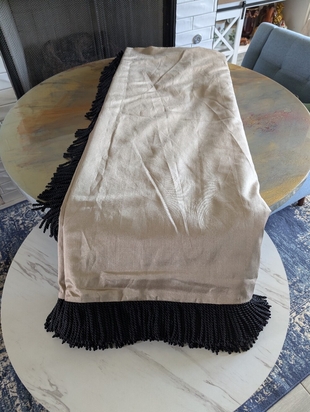 Vintage Luxury 340"X55" Gold Satin Window Scarf Valance Fully Lined Black Fringe